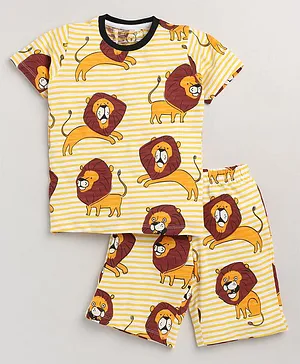 Little Marine Half Sleeves Stripe And Lion Print T Shirt And Shorts - Yellow
