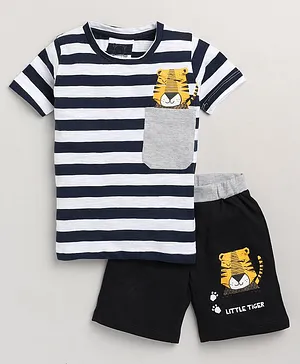 Little Marine Half Sleeves Stripe And Tiger Print T Shirt And Shorts - Navy Blue