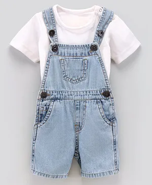Bonfino Denim Washed Dungaree With Half Sleeves Inner Tee Solid - Blue
