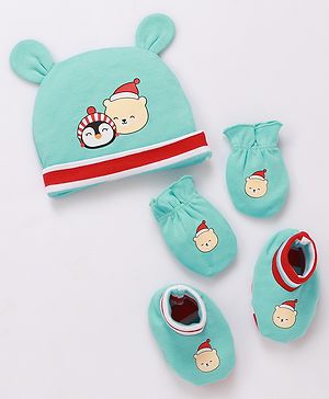 Babyhug 100% Cotton Cap Mittens & Booties Printed Blue- Diameter 9.5 cm