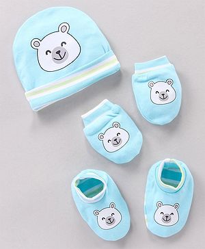 Babyhug 100% Cotton Cap Mitten Booties Set Bear Printed - Blue