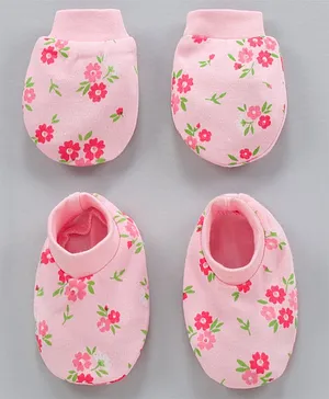 Babyhug 100% Cotton Mittens & Booties Floral Print- Pink