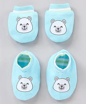 Babyhug 100% Cotton Mittens & Booties Set Bear Printed - Blue