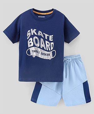 Pine Kids Half Sleeves Biowashed T-Shirt & Shorts Set Text Print - Blue
