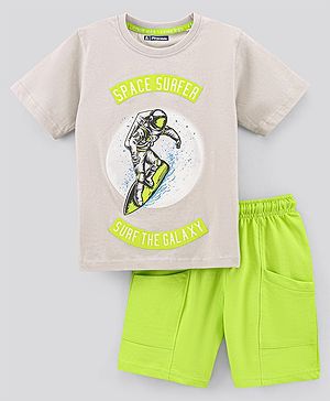 Pine Kids Half Sleeves Biowashed T-Shirt & Shorts Set Surfing & Text Print - Cream Green