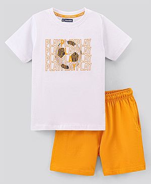 Pine Kids Half Sleeves Biowashed T-Shirt & Shorts Set Football & Play Print - Orange White