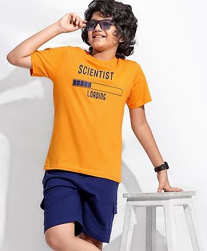Pine Kids Half Sleeves Biowashed T-Shirt & Shorts Set Scientist Print - Orange