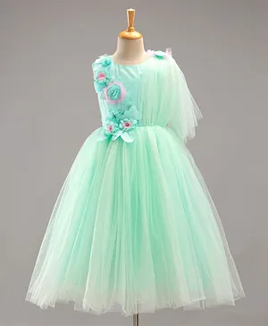Enfance Sleeveless Floral Applique Glitter Effect Tulle Dress - Sea Green
