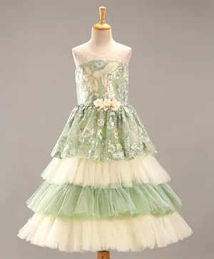 Enfance Sleeveless Sequin And Rosette Embellished Layered Gown - Green