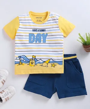 Babyoye Half Sleeves T Shirt With Shorts Text Print - Yellow Blue