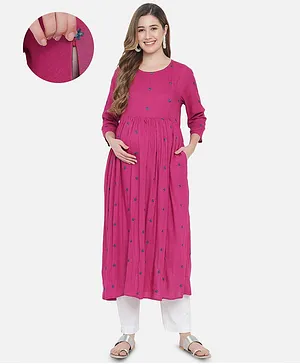 Aujjessa Three Fourth Sleeves Embroidered Flared Maternity Kurta With Side Pockets - Purple