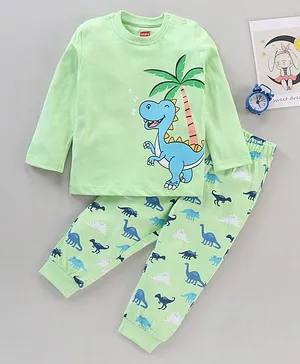 Babyhug Cotton Knit Full Sleeves Dino Print Night Suit - Green