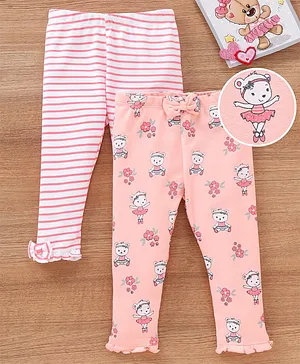 Babyoye Cotton Full Length Leggings Stripes & Floral Print Pack of 2 - Pink