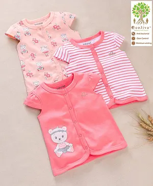 Babyoye Short Sleeves Cotton Vests Teddy Bear And Stripe Print Pack Of 3 - Pink