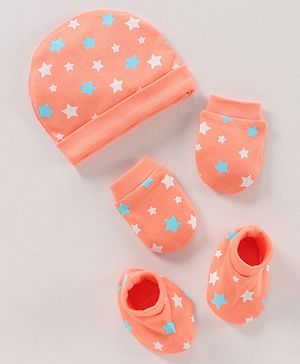 Babyhug 100% Cotton Cap Mittens & Booties Set Star Print Orange - Diameter 17 cm