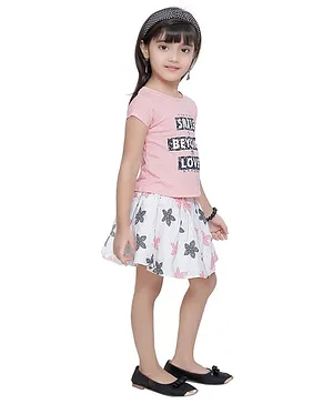 Tiny Girl Short Sleeves Text Print Top With Skirt - Peach