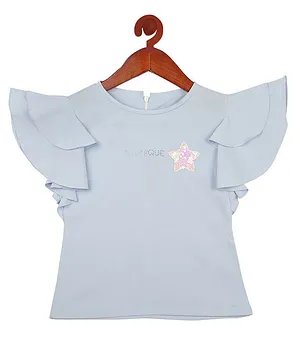 Tiny Girl Flutter Sleeves Sequin Star Embellished Solid Top - Sky Blue