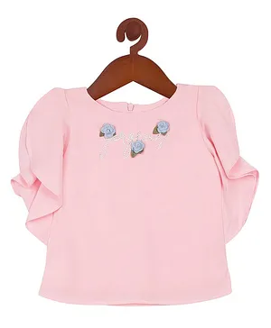 Tiny Girl Frill Sleeves Embellished Top - Pink