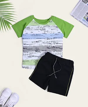 Nino Togs Raglan Half Sleeves Printed Tee With Shorts - Green & Black