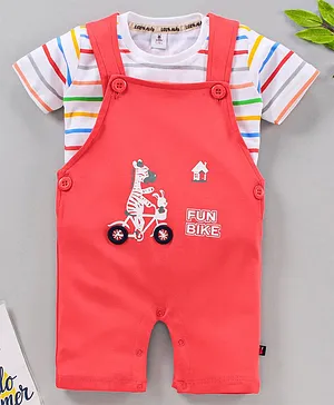 Little Folks Dungaree Style Romper With Half Sleeves Stripe Tee Zebra Print - Red 