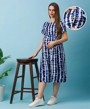 Bella Mama Soft Rayon Half Sleeves Maternity Nursing Tie Dye Dress Blue White