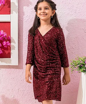 Hola Bonita Sequin Party Dress With Side Gathers- Maroon