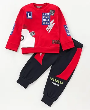 Amigos Full Sleeves Text Printed Sweatshirt & Joggers Set - Red & Black