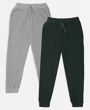 punkster Pack Of 2 Full Length Solid Joggers - Melange Grey & Green