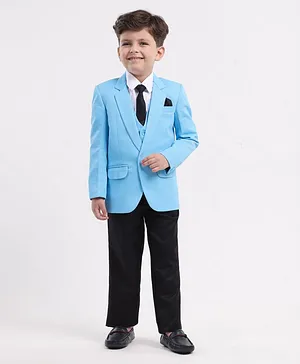 Robo Fry Full Sleeves Party Suit With Waistcoat & Tie - Blue
