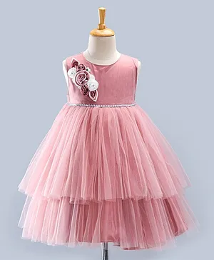 Bluebell Sleeveless Layered Party Wear Tutu Frock with Corsage Applique - Pink