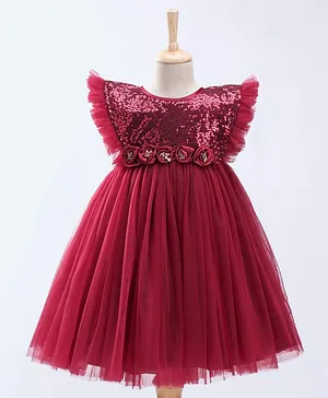 Bluebell Frill Sleeves Party Wear Frock with Floral and Sequins Applique - Maroon