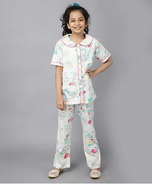 Ninos Dreams Half Sleeves All Over Unicorn Printed Night Suit - Off White