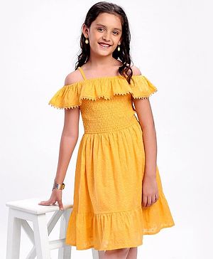 Pine Kids Cotton Woven Singlet Frock Cold Shoulder - Golden