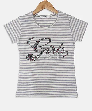 Nins Moda Half Sleeves Stripe And Girls League Print Top - Grey