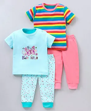 Kidi Wav Pack Of 4 Stripe And Butterfly Print T Shirt With Pyjama - Blue Pink