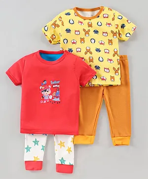 Kidi Wav Pack Of 2 Half Sleeves Sailor Kids Stars & Animals Printed Tee & Pajama Sets - Red White & Yellow