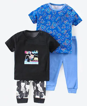 Kidi Wav Pack Of 2 Half Sleeves Fishing Boat Rabbits & Fishes Printed Tee & Pajama Sets - Black & Blue