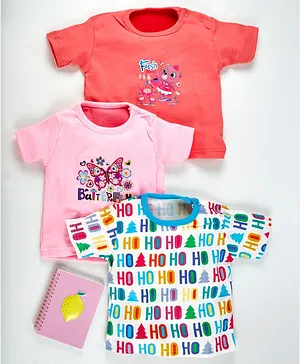 Kidi Wav Half Sleeves Pack Of 3 Alphabets & Butterfly Print T-Shirts - Pink