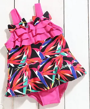 LOBSTER Sleeveless V Cut Swimsuit Abstract Print - Pink Black