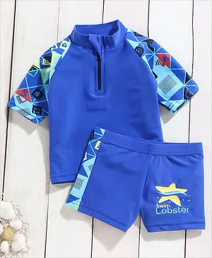 LOBSTER Half Sleeves Two Piece Printed Swim Suit - Dark Blue
