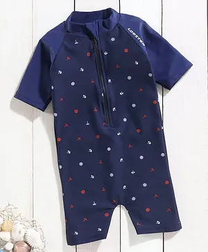 LOBSTER Half Sleeves Legged Printed Swimsuit - Navy Blue