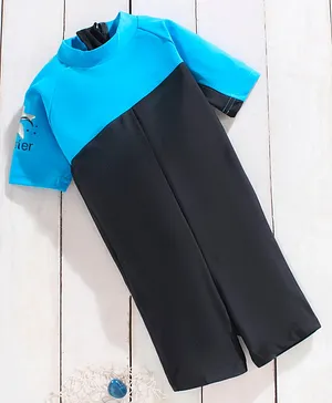 LOBSTER Half Sleeves Legged Solid Swimsuit - Blue Black