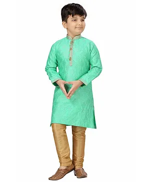 KIDS FARM Full Sleeves Self Design Ethnic Kurta With Pajama - Green