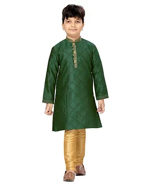 KIDS FARM Full Sleeves Self Design Ethnic Kurta With Pajama - Bottle Green