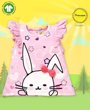 Pranava Cap Sleeves Bunny Printed Organic Cotton Top - Baby Pink