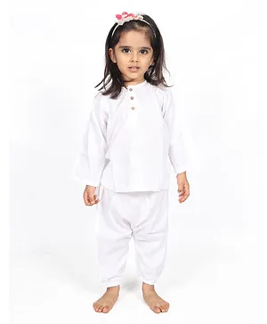 SnuggleMe Full Sleeves Solid Kurta And Pyjama - White