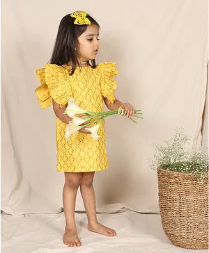 SnuggleMe Frill Sleeves Diamond Print Ethnic Dress - Yellow
