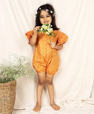 SnuggleMe Frill Sleeves Diamond Print Ethnic Jumpsuit - Orange