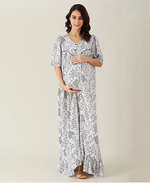 The Kaftan Company Half Sleeves Floral Geometric Motif Print Maternity & Nursing Night Dress - White