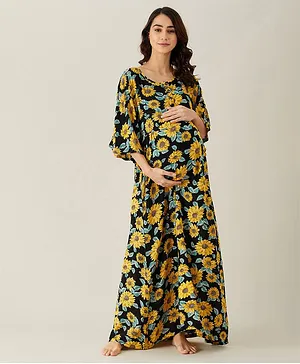The Kaftan Company Three Fourth Sleeves Sunflower Print Kimono Maternity & Nursing Night Dress - Black